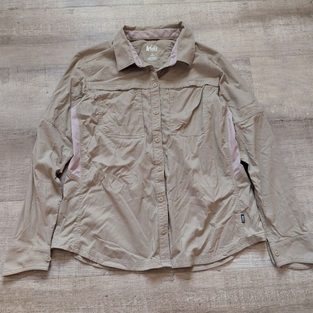 REI Co-op Womens Long Sleeve Hiking Shirt Tan Size L Outdoor Sun Protection EUC
